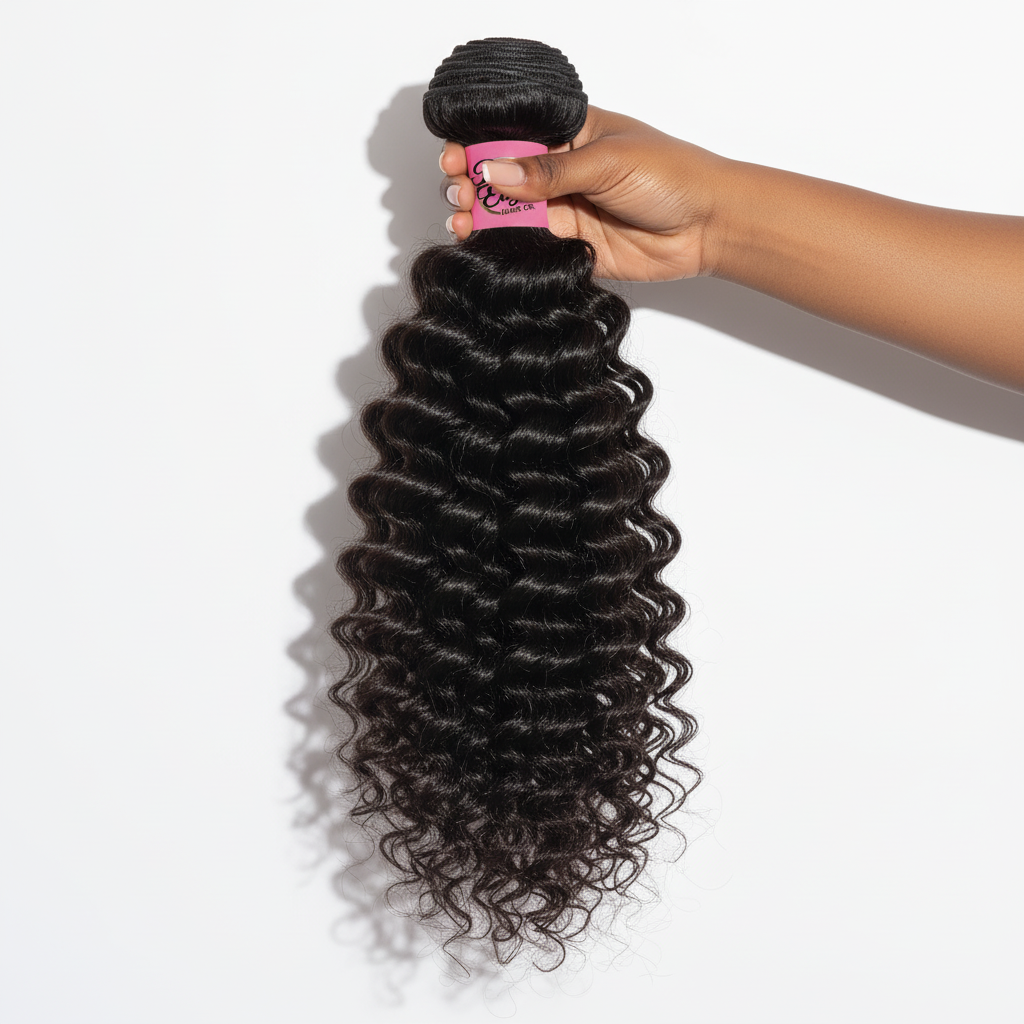 Hand holding Deep Curly Virgin Brazilian 