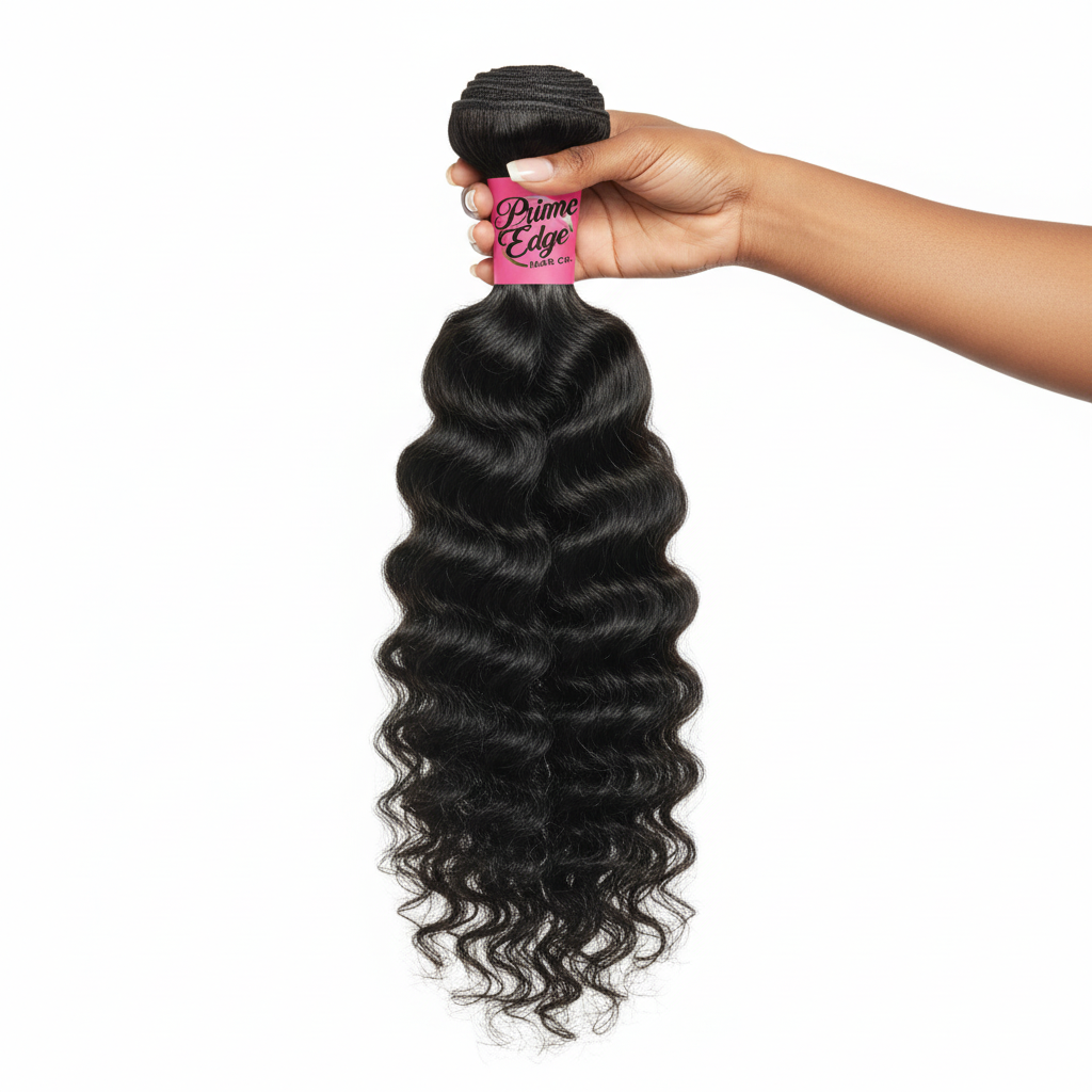 Hand holding Deep Wavy Virgin Brazilian Hair Bundle with Prime Edge Branding