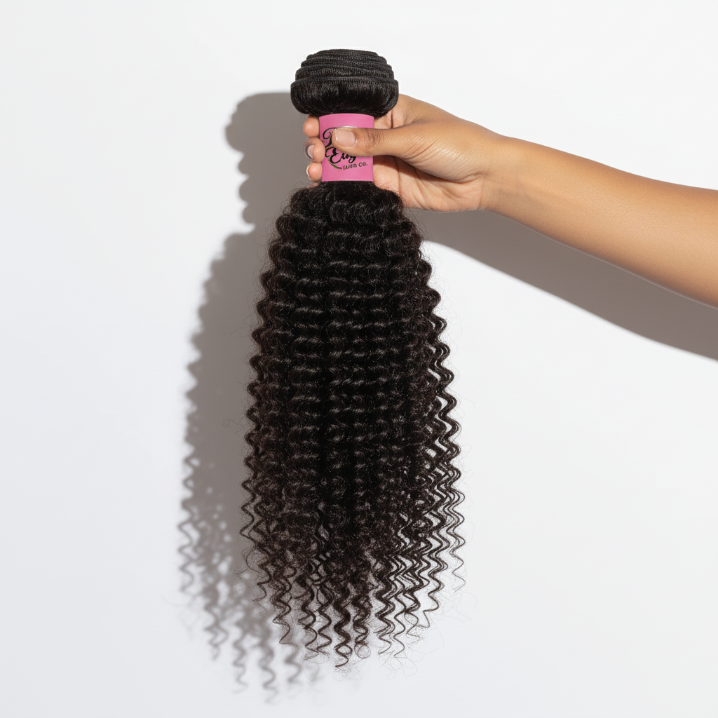 Hand holding Kinky Curly Virgin Brazilian Hair Bundle with Prime Edge Branding