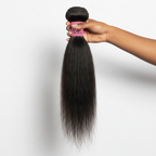 Hand holding Kinky Straight Virgin Brazilian Hair Bundle with Prime Edge Branding