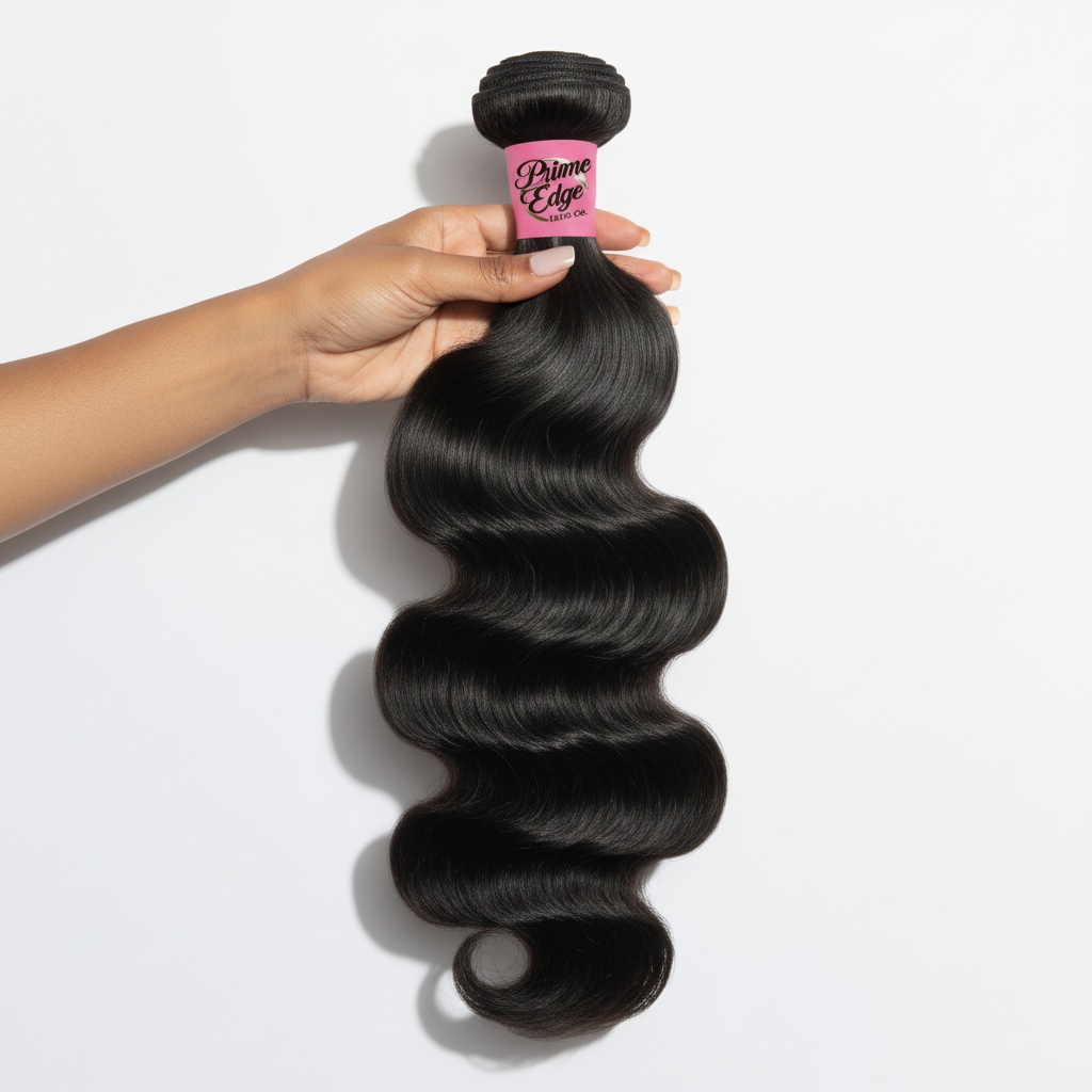 Hand holding Loose Wavy Virgin Brazilian Hair Bundle with Prime Edge Branding