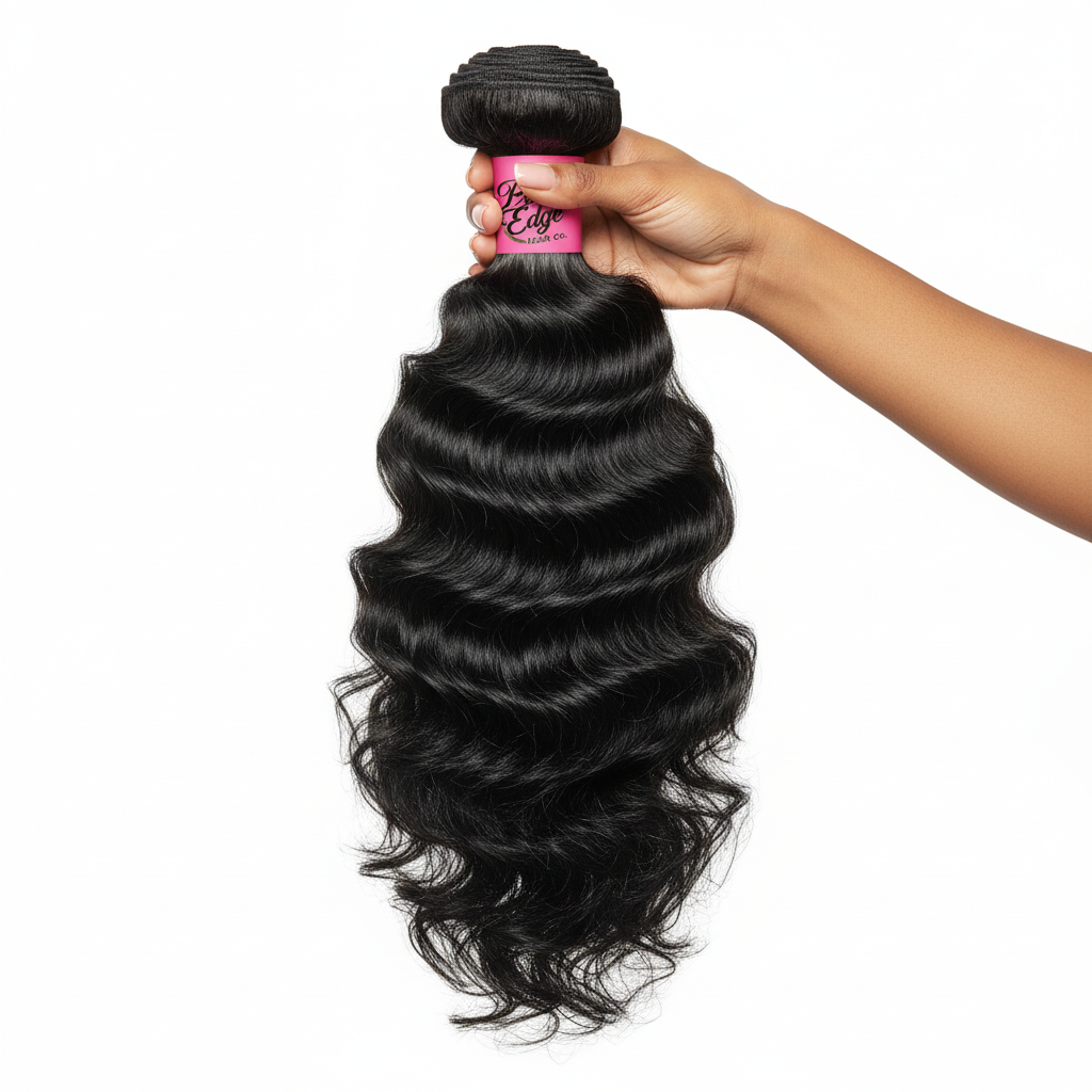 Hand holding Ocean Wavy Virgin Brazilian Hair Bundle with Prime Edge Branding