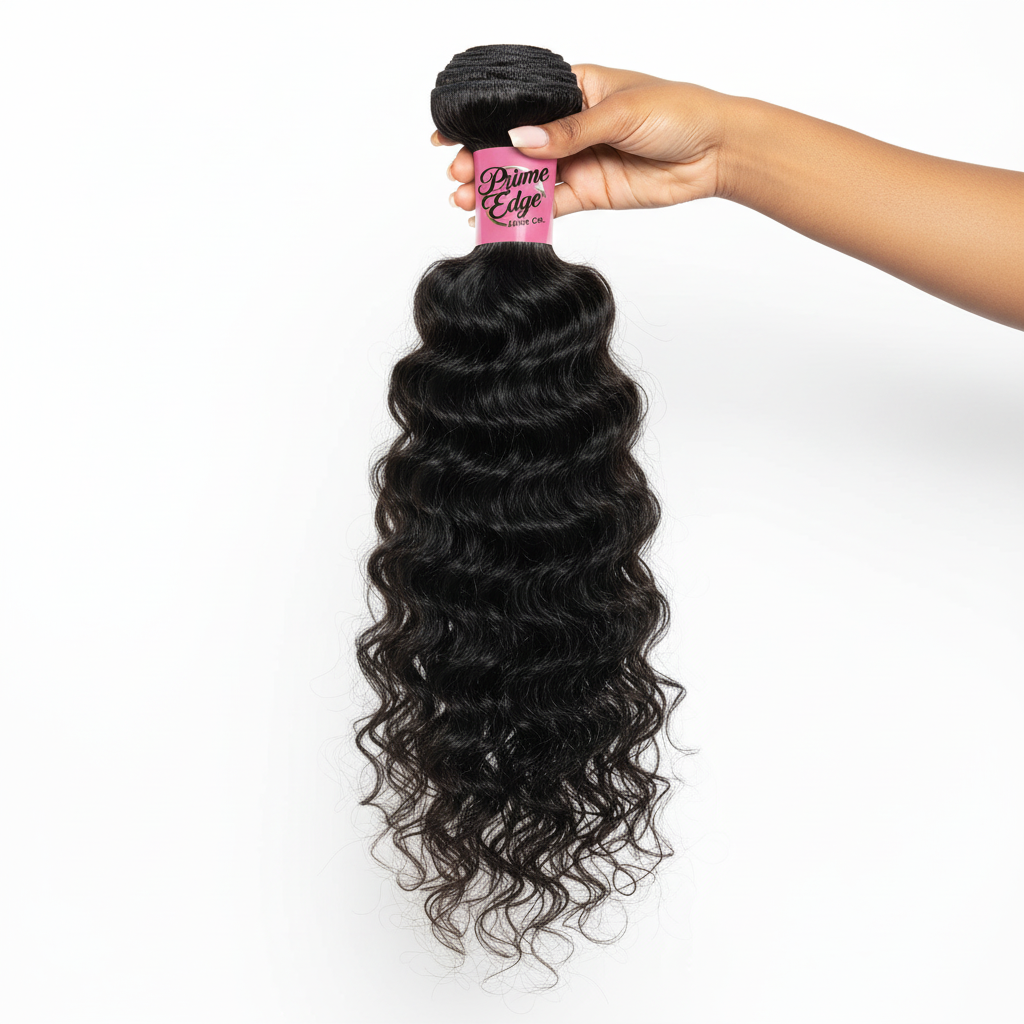 Hand holding Water Wave Virgin Brazilian Hair Bundle with Prime Edge Branding